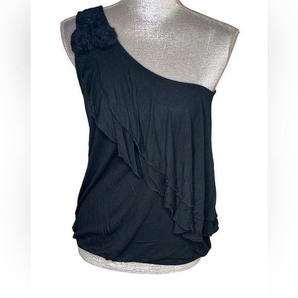 INC International Concepts One Shoulder Ruffle Tank Black Size Medium - Picture 1 of 4